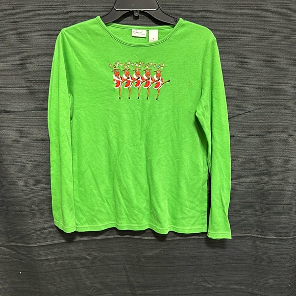 Kim Rogers Long Sleeve Christmas Shirt / Kelly Green with reindeer / size S‎ - Picture 1 of 6